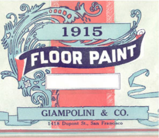 Original paint label of the retail paint brand sold at the Dupont St. location. <br />
Servino Giampolini founded Giampolini on Dupont St (Grant St) in 1912 to serve the thriving North Beach neighborhood.<br />
Originally, operations included paint manufacturing, retail paint sales, and painting contracting services.